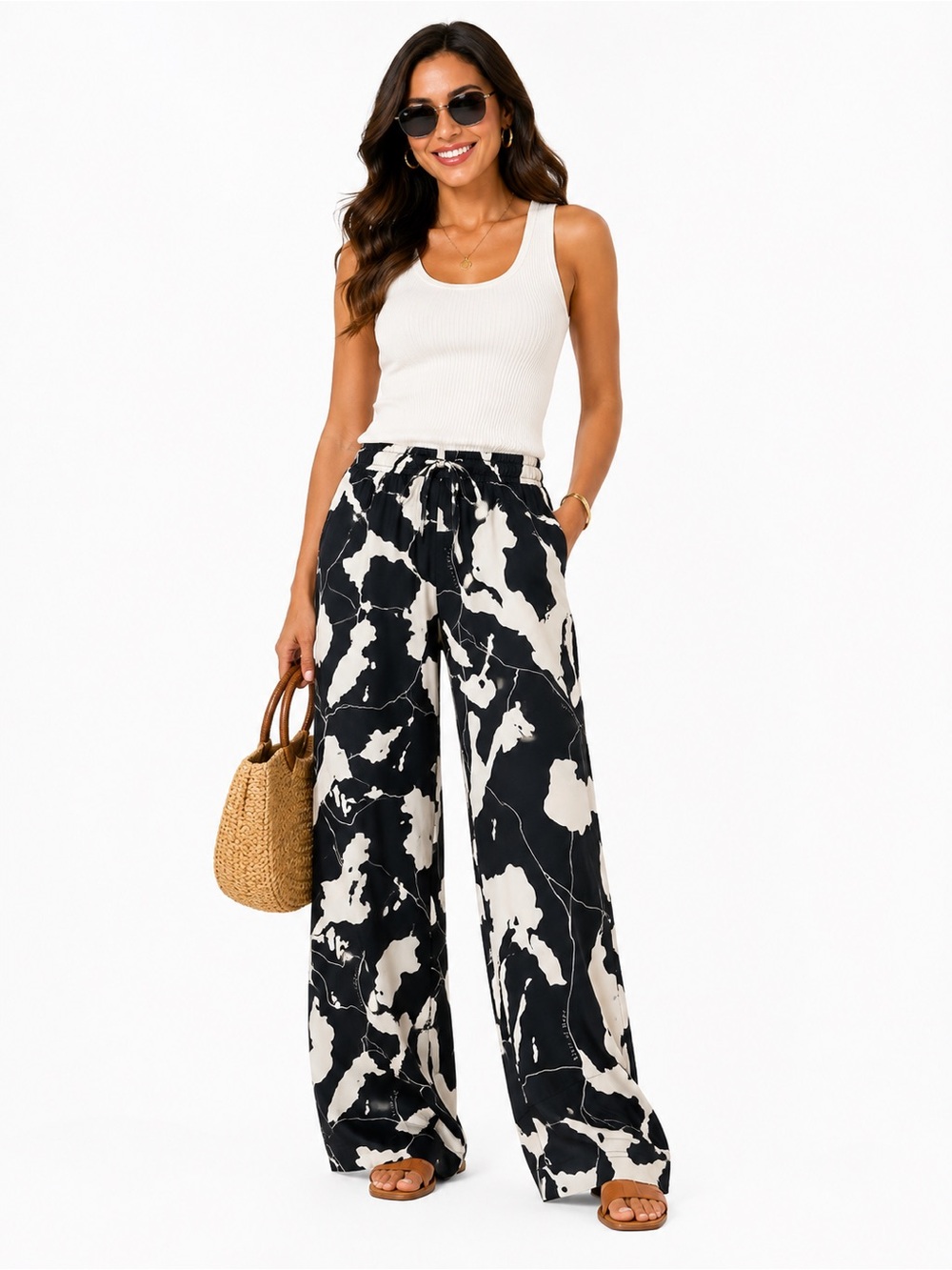 H&M Black & Cream Wide-Leg Print Pants